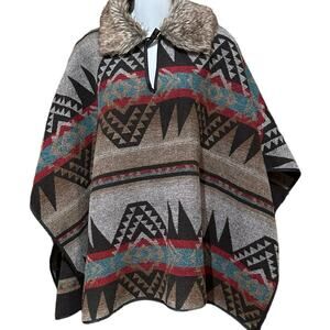 Forever 21 Womens Aztec Weave Blanket Style Poncho w/ Removable Faux Fur Collar
